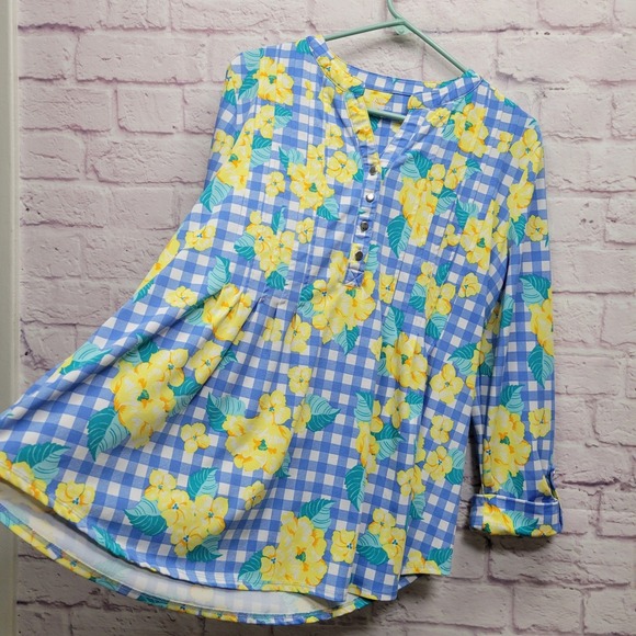 Kim Rogers Retro Floral Button Blouse Womens XL Gingham Cottagecore Coastal‎ - Picture 5 of 8